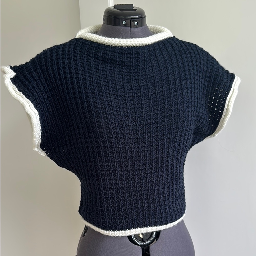 White and Blue Crew Neck Sweater with Contrast Trim